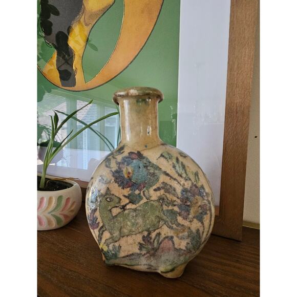 Unknown Other - Antique Persian-Style Glazed Bottle Vase – Hand-Painted Animal & Bird Motif